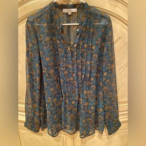 Ann Taylor LOFT teal with yellow floral see thru long sleeve shirt